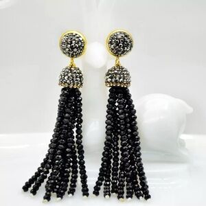 NWT Long Black Seed Bead Tassel Earring w Crystal Pave